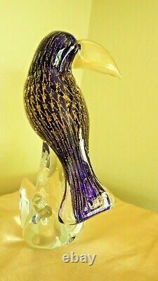 Murano Art Glass Parrot Hand Blown Sculpture 11 Venetian Gold Fleck Blue Toucan