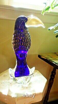 Murano Art Glass Parrot Hand Blown Sculpture 11 Venetian Gold Fleck Blue Toucan