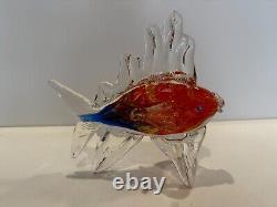 Murano Art Glass Style Hand Blown Orange, Blue, Yellow Fish Figurine, 9 Long