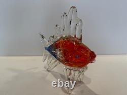 Murano Art Glass Style Hand Blown Orange, Blue, Yellow Fish Figurine, 9 Long