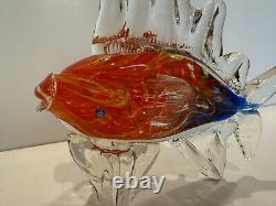 Murano Art Glass Style Hand Blown Orange, Blue, Yellow Fish Figurine, 9 Long