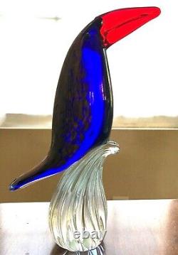 Murano Art Glass Tropical Toucan Bird Figure. Cobalt Blue with Gold & Orange. 10.5