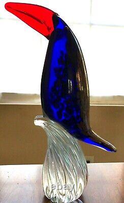 Murano Art Glass Tropical Toucan Bird Figure. Cobalt Blue with Gold & Orange. 10.5