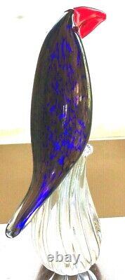 Murano Art Glass Tropical Toucan Bird Figure. Cobalt Blue with Gold & Orange. 10.5