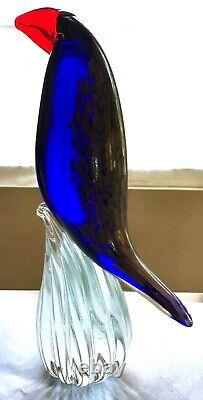 Murano Art Glass Tropical Toucan Bird Figure. Cobalt Blue with Gold & Orange. 10.5