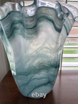 Murano Art Glass Vase 14 Teal & White Swirl Ruffled Edge Hand Blown Italy