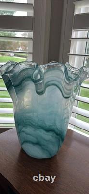 Murano Art Glass Vase 14 Teal & White Swirl Ruffled Edge Hand Blown Italy