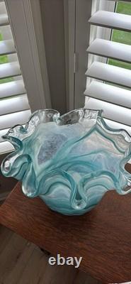 Murano Art Glass Vase 14 Teal & White Swirl Ruffled Edge Hand Blown Italy