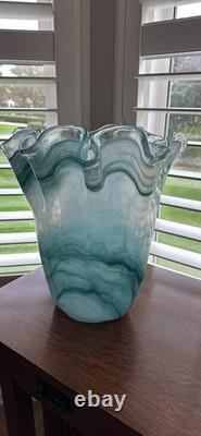 Murano Art Glass Vase 14 Teal & White Swirl Ruffled Edge Hand Blown Italy