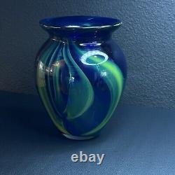 Murano Art Glass Vase Cobalt Blue With Green Waves Hand Blown Stunning
