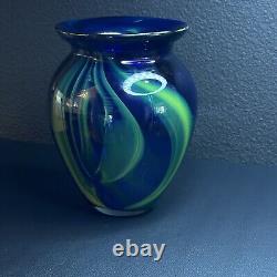 Murano Art Glass Vase Cobalt Blue With Green Waves Hand Blown Stunning