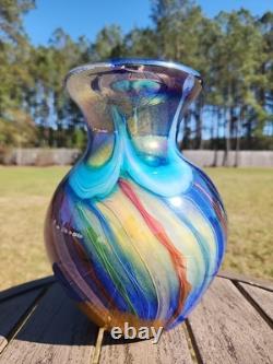 Murano Art Glass Vase Cobalt Blue With Waves Swirls Hand Blown Stunning 10 Inch