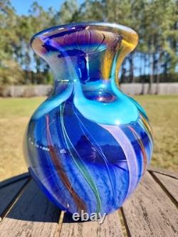 Murano Art Glass Vase Cobalt Blue With Waves Swirls Hand Blown Stunning 10 Inch