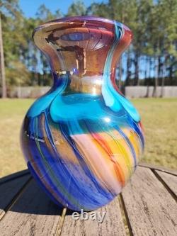 Murano Art Glass Vase Cobalt Blue With Waves Swirls Hand Blown Stunning 10 Inch