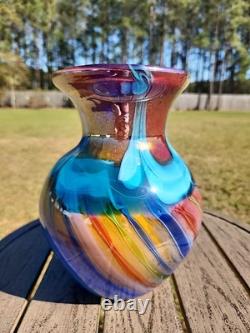 Murano Art Glass Vase Cobalt Blue With Waves Swirls Hand Blown Stunning 10 Inch