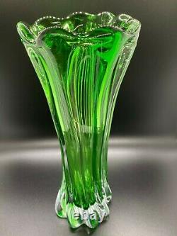 Murano Art Glass Vase Green Clear Twisted Swirl Vintage 11 RARE Collectible
