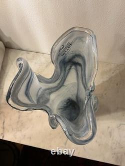 Murano Art Glass Vase Ruffled Blue 10.5Tall Italy. Hand Blown