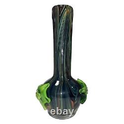 Murano  Art Glass Vase With Applied Frog On Lilly Pad Hand Blown Stripes Gift