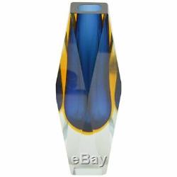 Murano Artistic Cristal Sommerso Blue Yellow Triple Overlay Abstract Block Vase