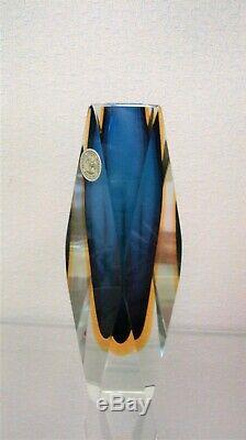 Murano Artistic Cristal Sommerso Blue Yellow Triple Overlay Abstract Block Vase