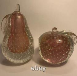 Murano Barbini Apple Pear Bookends Bullicante Aventurine Blown Glass Fruit Vtg