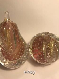 Murano Barbini Apple Pear Bookends Bullicante Aventurine Blown Glass Fruit Vtg