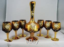 Murano Barbini Crystal 6 Wine Glasses & Decanter Red with Enamel Flowers Gold Trim