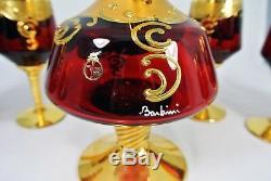 Murano Barbini Crystal 6 Wine Glasses & Decanter Red with Enamel Flowers Gold Trim