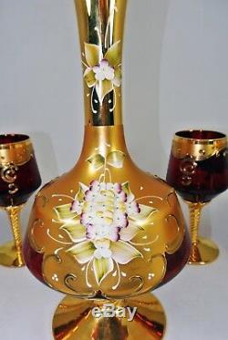 Murano Barbini Crystal 6 Wine Glasses & Decanter Red with Enamel Flowers Gold Trim