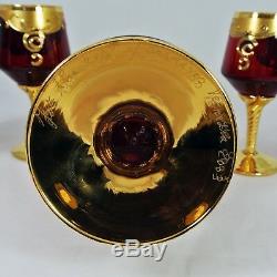 Murano Barbini Crystal 6 Wine Glasses & Decanter Red with Enamel Flowers Gold Trim