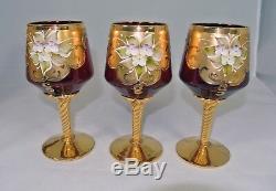 Murano Barbini Crystal 6 Wine Glasses & Decanter Red with Enamel Flowers Gold Trim