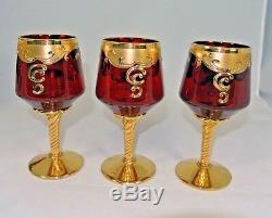 Murano Barbini Crystal 6 Wine Glasses & Decanter Red with Enamel Flowers Gold Trim