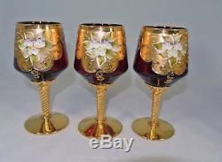 Murano Barbini Crystal 6 Wine Glasses & Decanter Red with Enamel Flowers Gold Trim