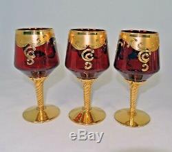 Murano Barbini Crystal 6 Wine Glasses & Decanter Red with Enamel Flowers Gold Trim