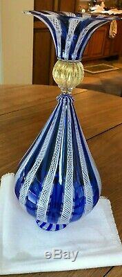 Murano Blue Swirl Latticino Gold Trimmed Vase, Original Label