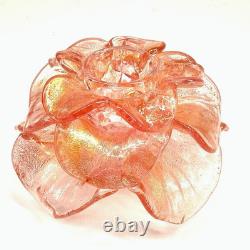 Murano Candle Holder Pink Gold Aventurine Flower Hand Blown in Italy