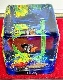 Murano Cased Art Glass Fish Aquarium Block Paperweight Mid Century