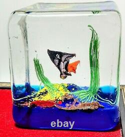 Murano Cased Art Glass Fish Aquarium Block Paperweight Mid Century