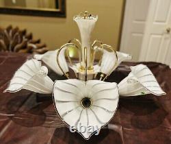 Murano Chandelier/Light Fixture Hand-blown Art Glass White Brass Italy VTG