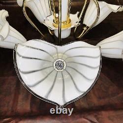 Murano Chandelier/Light Fixture Hand-blown Art Glass White Brass Italy VTG