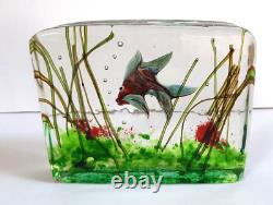 Murano Clear Art Glass Aquarium Scene Inside Sculpture Paperweight 4X5 Vintage