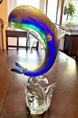 Murano Dolphin Italian Hand-Blown Glass Dolphin Sculpture Gold, Flakes Vintage