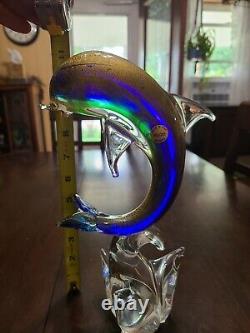 Murano Dolphin Italian Hand-Blown Glass Dolphin Sculpture Gold, Flakes Vintage