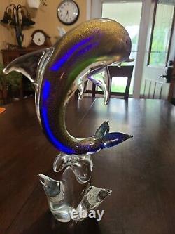 Murano Dolphin Italian Hand-Blown Glass Dolphin Sculpture Gold, Flakes Vintage