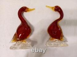 Murano Duck Figurines Ruby Made in Italy Hand Blown Glass with Original Sticker