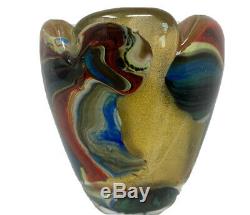 Murano Empoli Cased Glass Gold Multicolored Hand Blown Art Glass Vase Italy 3.5