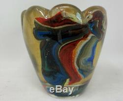 Murano Empoli Cased Glass Gold Multicolored Hand Blown Art Glass Vase Italy 3.5
