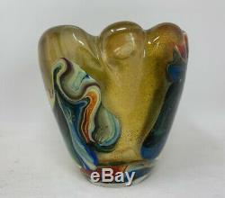 Murano Empoli Cased Glass Gold Multicolored Hand Blown Art Glass Vase Italy 3.5