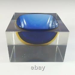 Murano Faceted Blue & Amber Sommerso Glass Block Bowl