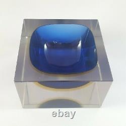 Murano Faceted Blue & Amber Sommerso Glass Block Bowl